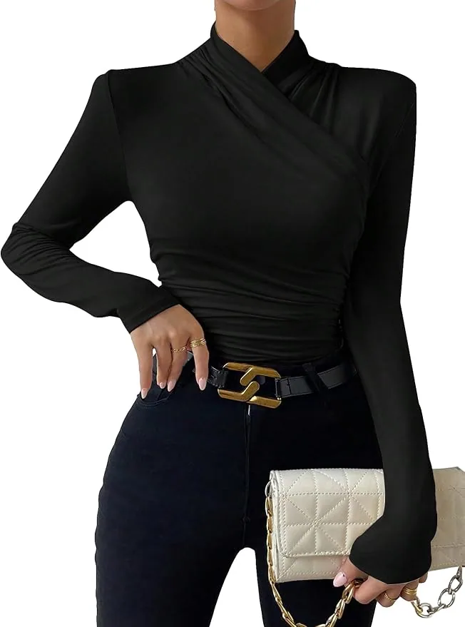 SweatyRocks Ruched Mock Neck Long Sleeve Tee