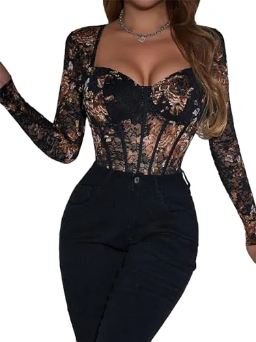 SweatyRocks Sheer Lace Sweetheart Bodysuit