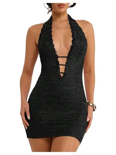 SweatyRocks Lace Backless Halter Mini Dress