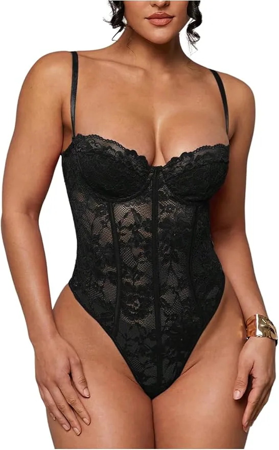 SweatyRocks Sheer Lace Underwire Corset Bodysuit